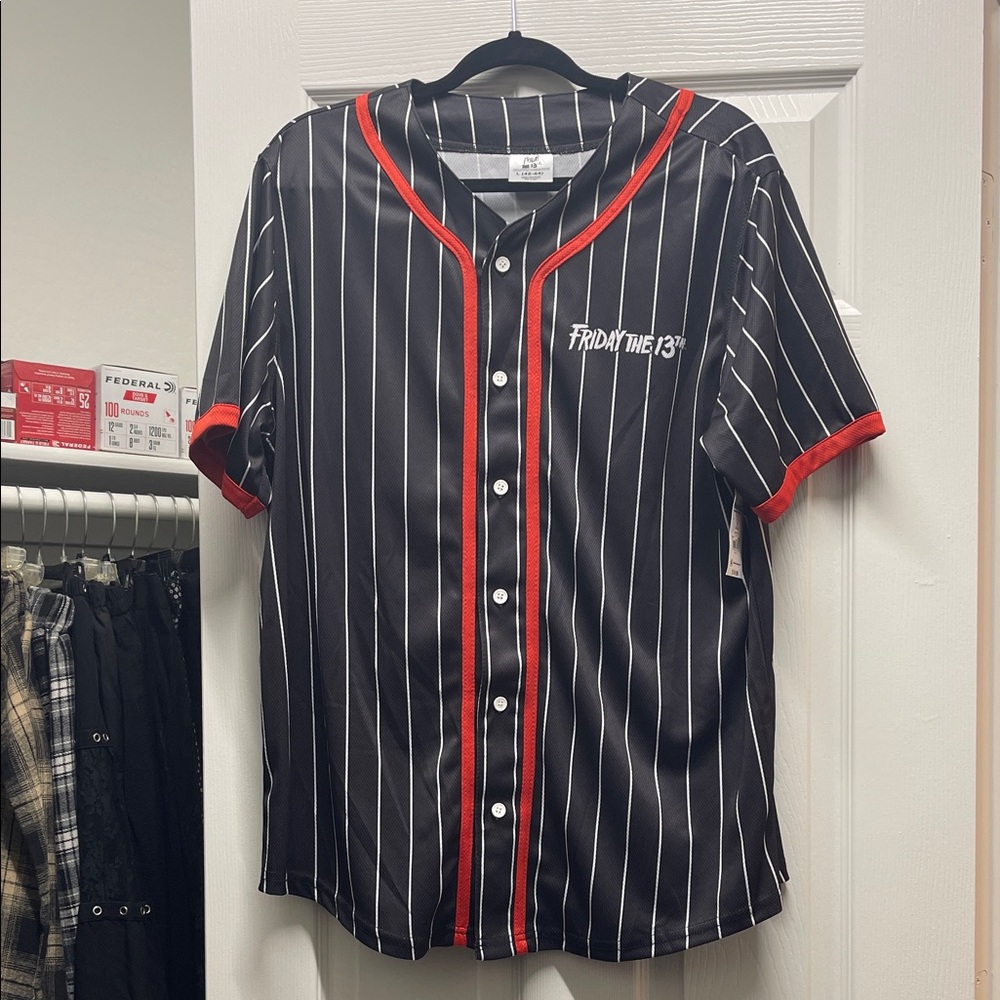 Black Pinstripe Baseball Jersey with Red Trim